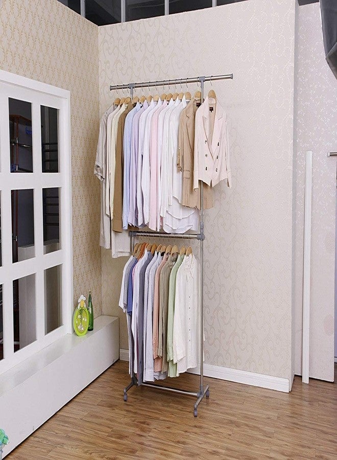 BE BENIGN Stainless Steel Double Pole Rail Telescopic Movable Portable Adjustable Clothes Garment Hanging Rack Stand with Wheels(1) - Image 2